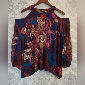 Coco Bianco Paisley Cold Shoulder Top - Vibrant Boho Bell Sleeve Blouse
